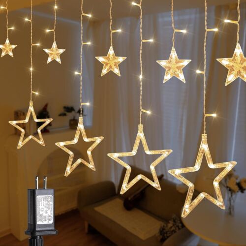 126L Warm White Star Icicle Lights, 8.2FT Clear Curtain Fairy String with Connec