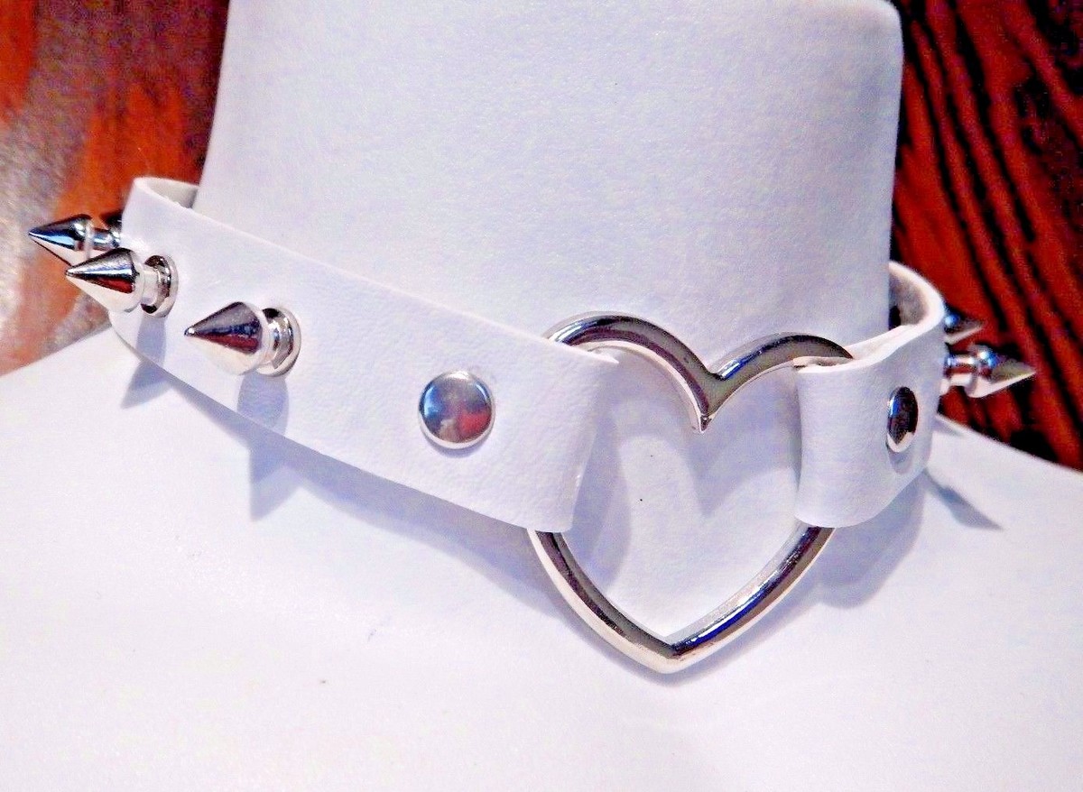 WHITE SPIKED HEART RING COLLAR silver stud choker punk