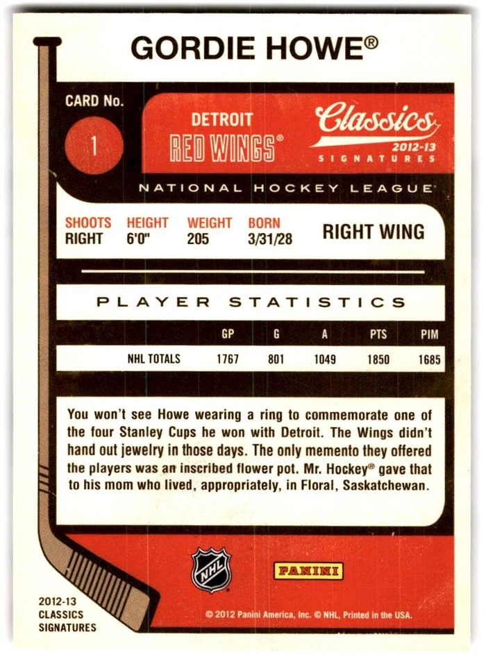 2012-13 Panini Classics Signatures Gordie Howe #1 Detroit Red Wings - Image 2 of 2