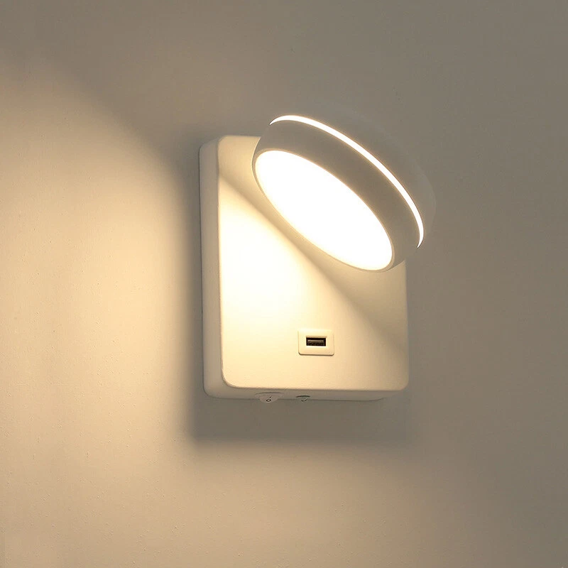 6W LED Reading Light Wall Fixture Swivel Lamp Head Switch USB Charging Port Bar
