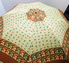 Vintage Umbrella Push Button Auto Open Two Tone Brown w/ Colorful Flowers 34  