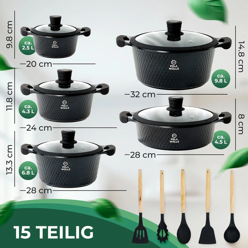 Topfset Induktion 15-teilig Kochtopfset Kochtopf Kochgeschirr Schwarz PELA WELLE - Bild 2 von 4