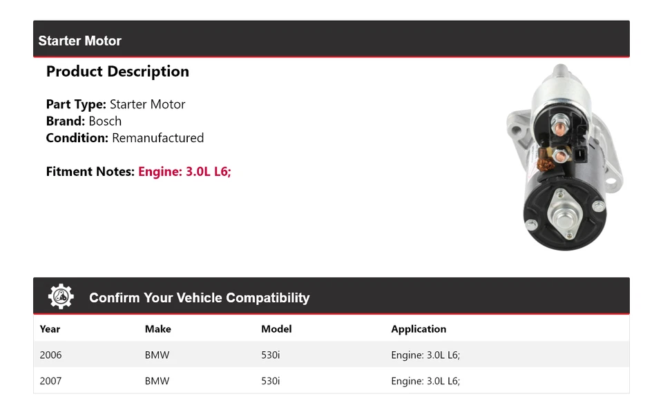 Arranque Bosch para BMW 530i 2006-2007 3,0 L L6 (remanufacturado) Foto 2 de 4