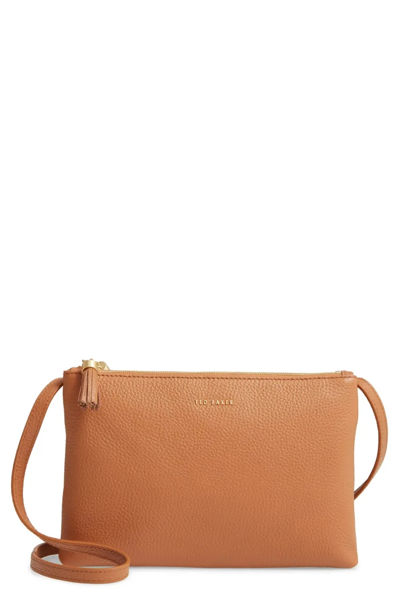 Ted Baker London Maceyy Double Zip Leather Crossbody Bag Brown GR