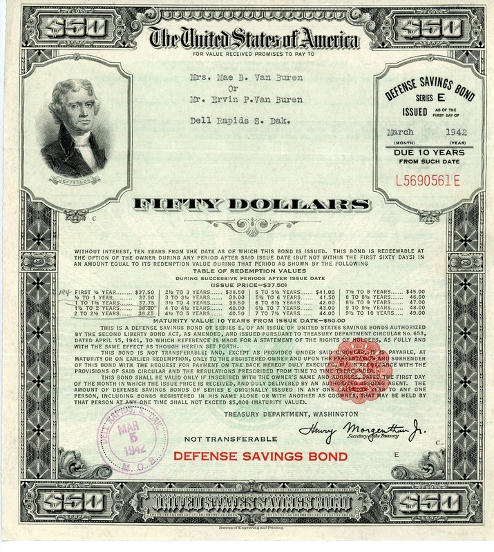 March 1942 WWII 50 Dollars Defense Saving Bond Series E Jefferson