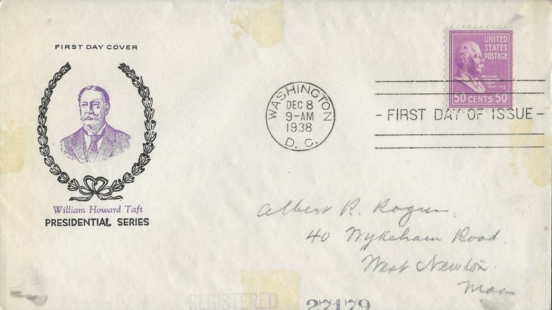 1938 Prexie FDC, #831, 50c William Howard Taft, Fidelity