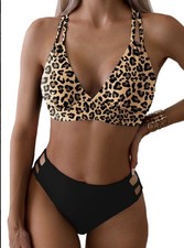 Leopard Print Bikini Top With Cute Black Bikini Bottom Size Large