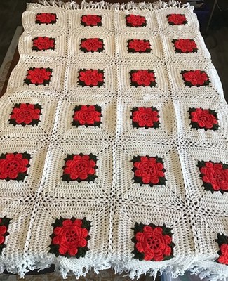 VTG Crocheted Granny Square Afghan Throw Blanket 3D Puffy Red Roses 75  X 44 