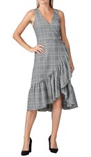 Vestido para mujer Great Jones 8 negro pata de gallo a cuadros vaina midi con volantes elegante