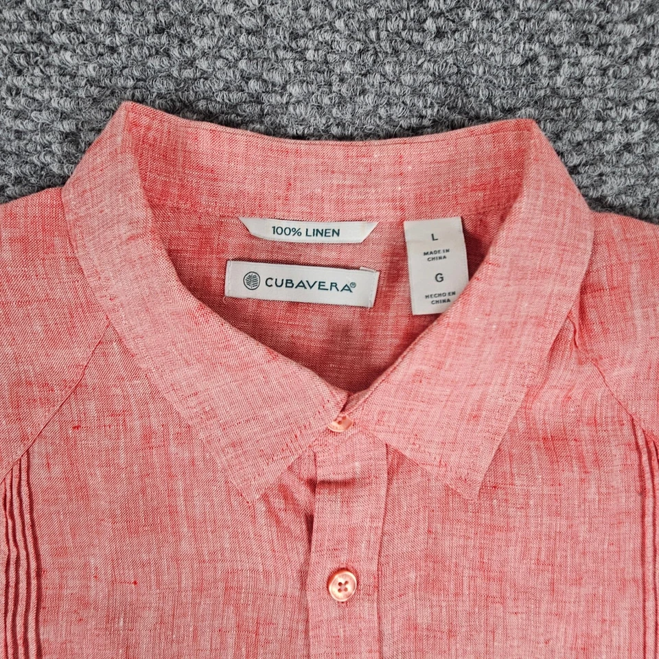 Camisa Cubavera Para Hombres Lino Guayabera Rojo Coral Manga Larga Talla L Foto 3 de 4