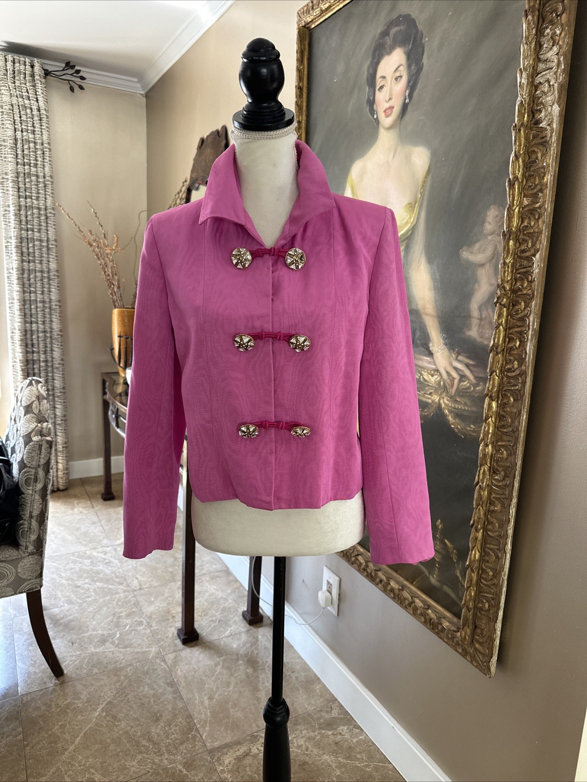 Giacca Yves Saint Laurent Rive Gauche anni 80 rosa seta moire e cristallo cropped S