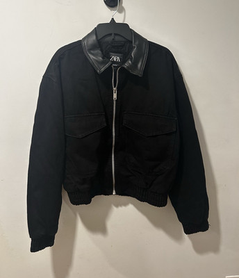 ZARA Men s Black Bomber Jacket Full Zip Spread Collar Short Length Size M