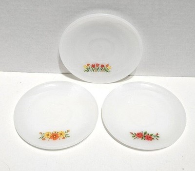 Lot of 3 Anchor Hocking Fire King Ware 6'' Saucers Tulips Simply Roses Daisy Fire
