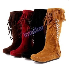 Women's Tassel Rhinestone Mid Calf Boots Knee High Boots Fringe Moccasin Boots