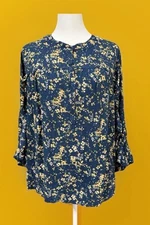 Lauren Conrad Blouse, Teal/Yellow Floral, Ruffle Sleeve/back XXL/2X