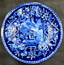 S. Tams Co. Dark Flow Blue Staffordshire Transferware Deep Saucer Plate c.1820s