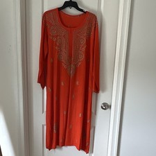Handmade Women s Orange Cotton Embroidered Kurta Tunic Long Sleeve Salwar