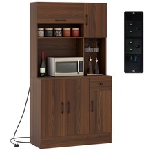 COSTWAY 167cm Tall Pantry Cabinet Kitchen Storage Cabinet w/Power Outlets-Walnut