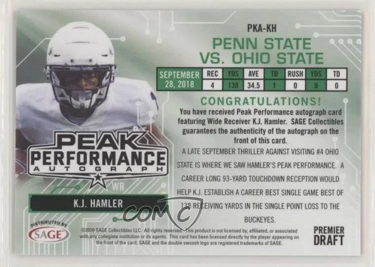 2020 Sage Hit Peak Performance Auto Blue /25 KJ Hamler #PKA-KH Rookie Auto RC - Image 2 of 2