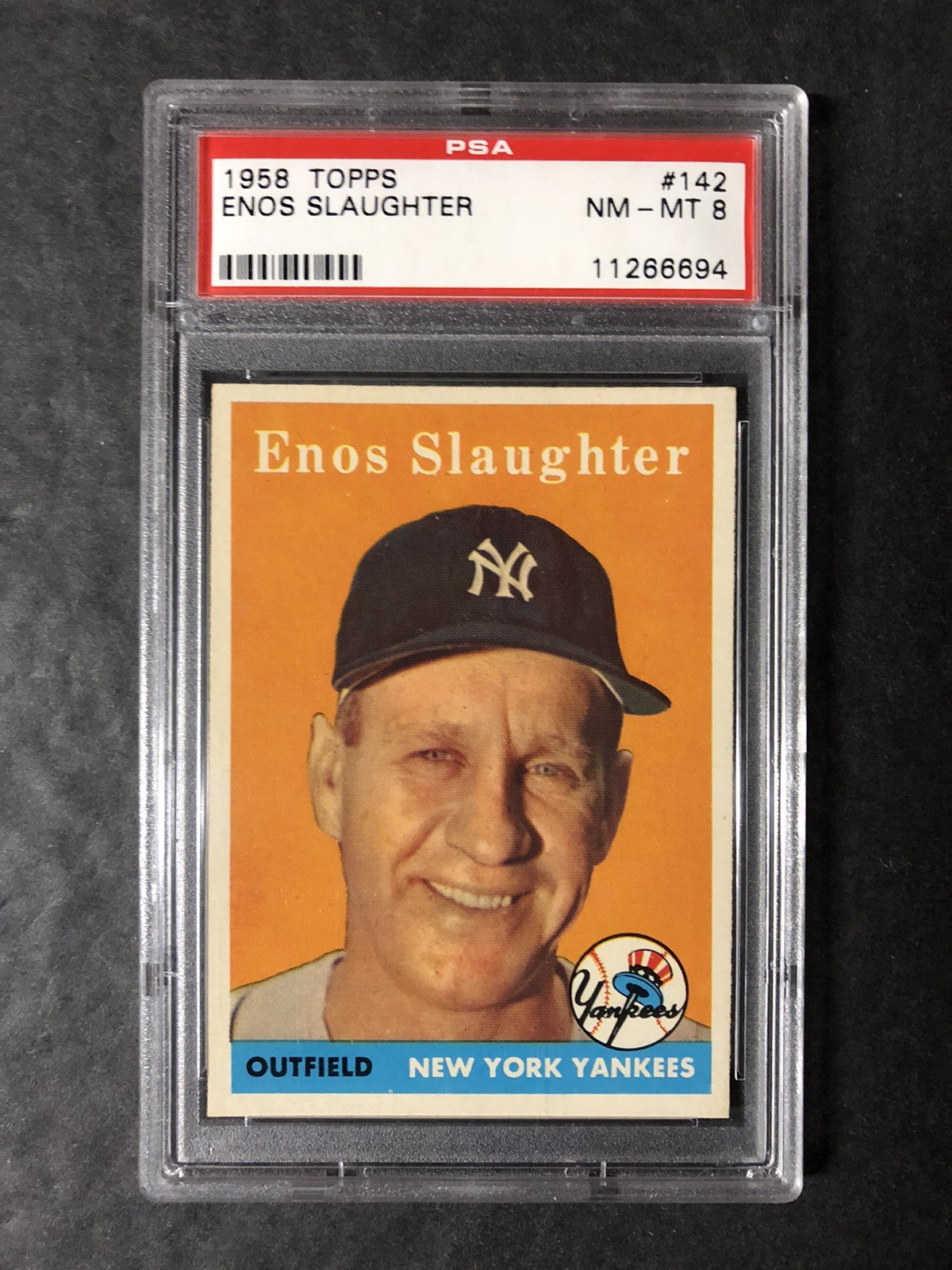 1958 Topps Enos Slaughter 142 PSA 8; CENTERED, Sharp Focus & Color!!