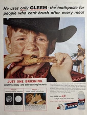 Gleem Tooth Paste One Brushing Odor Causing Bacteria Kid Cowboy VTG Ad 1958