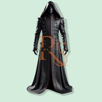 Dark Mage Costume Trench Coat | Hooded Black Faux Leather Cosplay Robe for Men