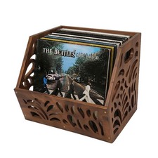 Vinyl Record Storage 60 LPs Holder Wooden Crate Display Chestnut Finish