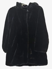 DENNIS BASSO Black Faux Fur Hooded Coat Womens MED Glam Classic Luxury Vintage