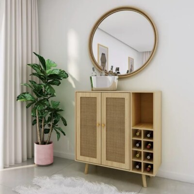Loft & Luv Coda Rattan Bar Cabinet with Wine Holder, Natural