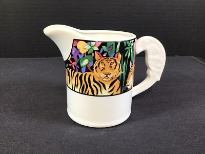 Vintage 1993 Vitromaster Rain Forest Creamer Safari Tropical Tigers Parrot 10oz