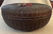 Large Antique Wicker Chinese Sewing Basket Beaded Tassels & Thread Contents