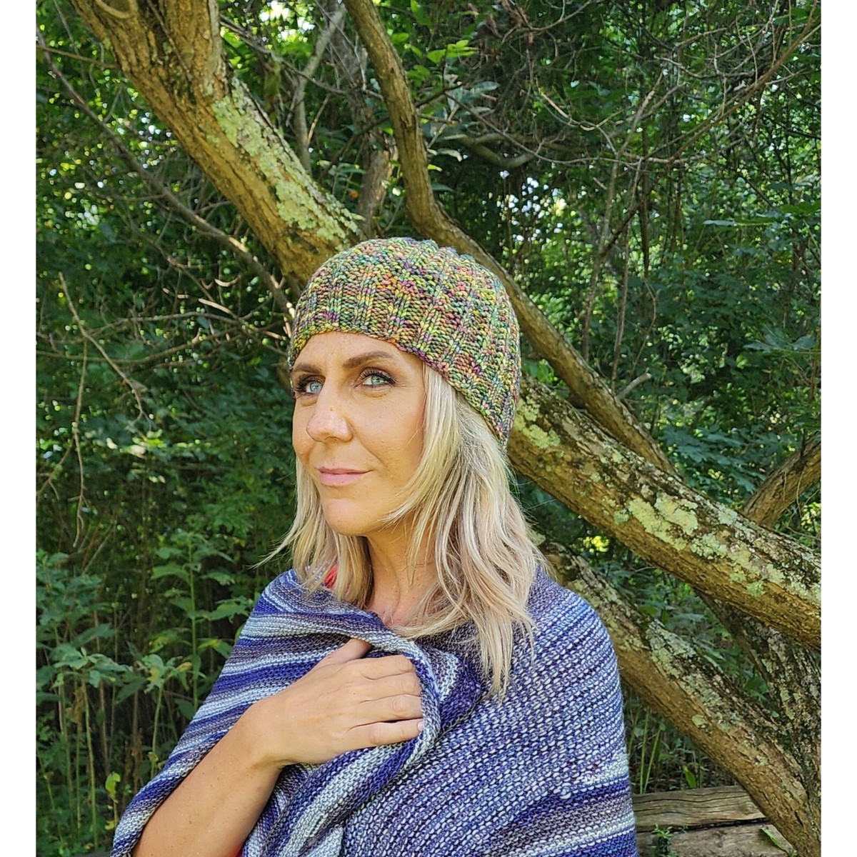 Handmade Multicolor Knit Beanie Brown Multi-Color Merino Wool Knit Hat with Faux Fur Pom Pom  main image 4