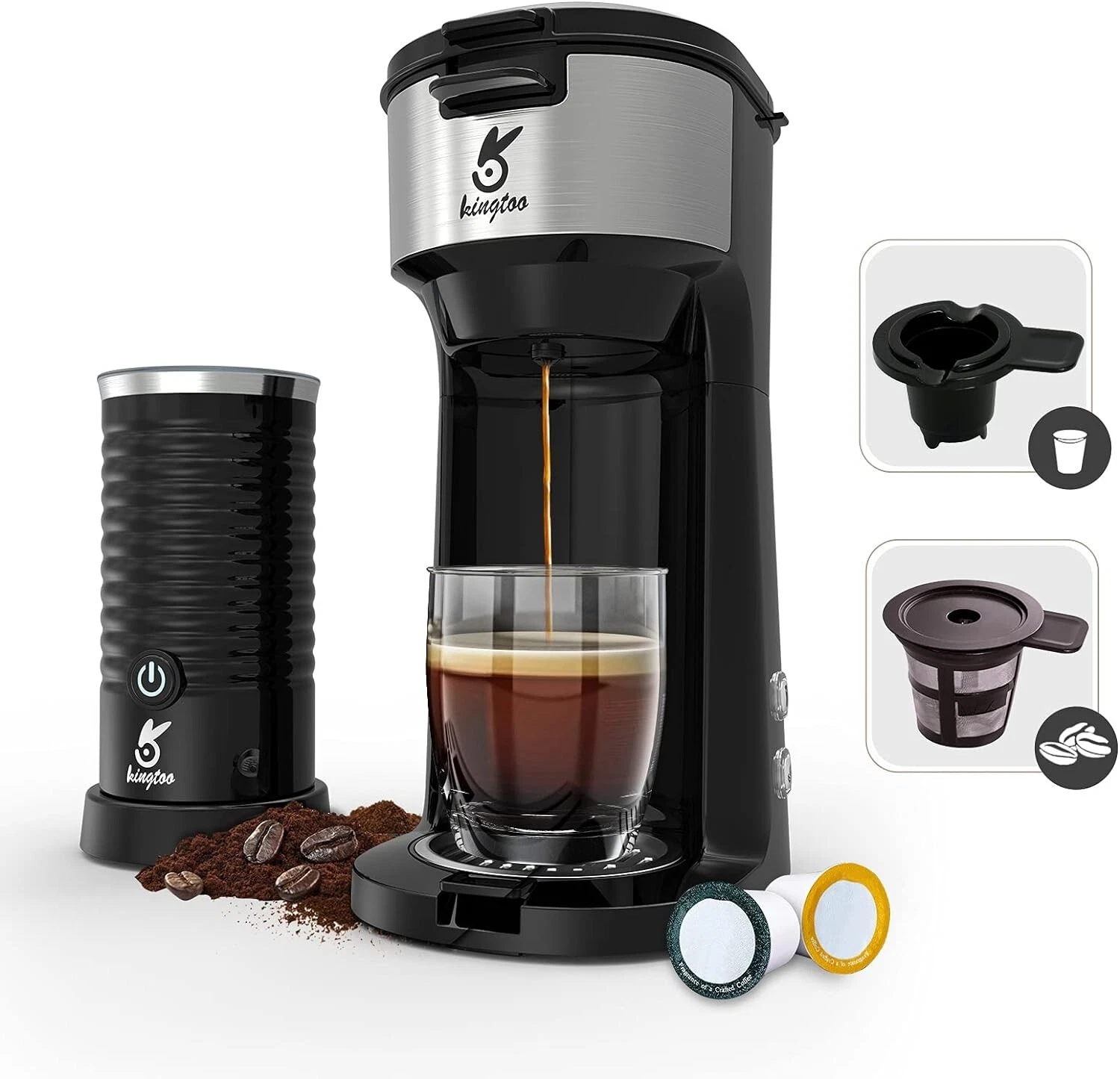 2 in 1 Coffee Maker with Milk Frother, Kcup or Ground Black