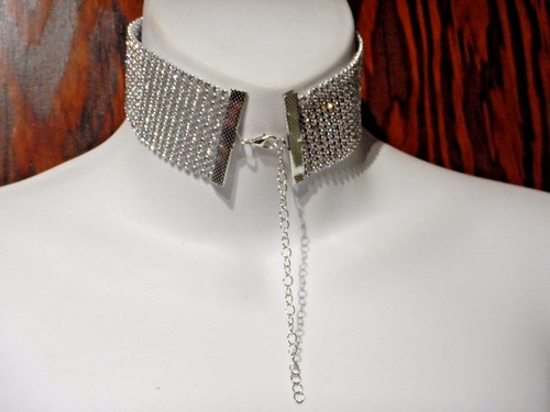 KLARER KRISTALL STRASS KRAGEN silberfarben breit Vinyl Halskette Band 4A - Bild 4 von 5