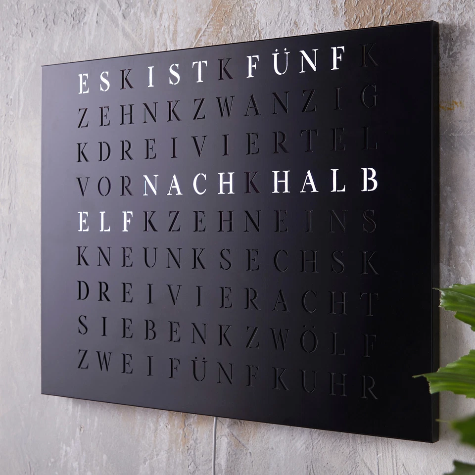 WordClock Jupiter Stahl in matt Schwarz - LED Wanduhr- elegante Designer Wortuhr - Bild 1 von 4