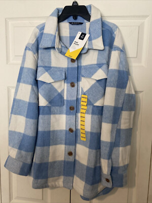 NWT Member's Mark Women's Button Up Plaid Shacket W/ Pockets Blue Plaid XXL