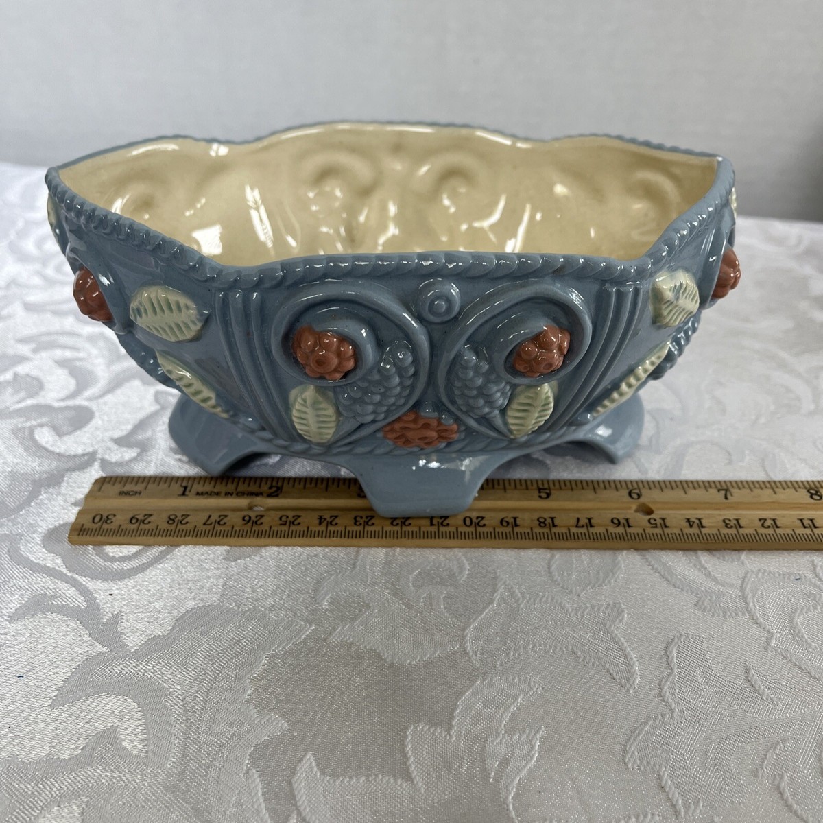 Pretty Vintage MCM Ceramic Planter-Blue Glaze with Flowers