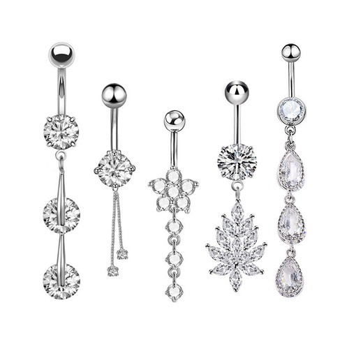 5PCS 14G CZ Dangle Belly Button Rings Navel Stainless Steel Piercing Jewelry - Picture 3 of 4