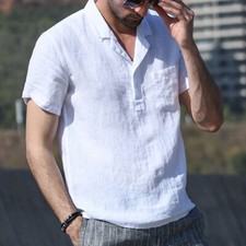 Summer Men's Casual Slim Fit Linen Short Sleeve Lapel Button Up Shirt Top