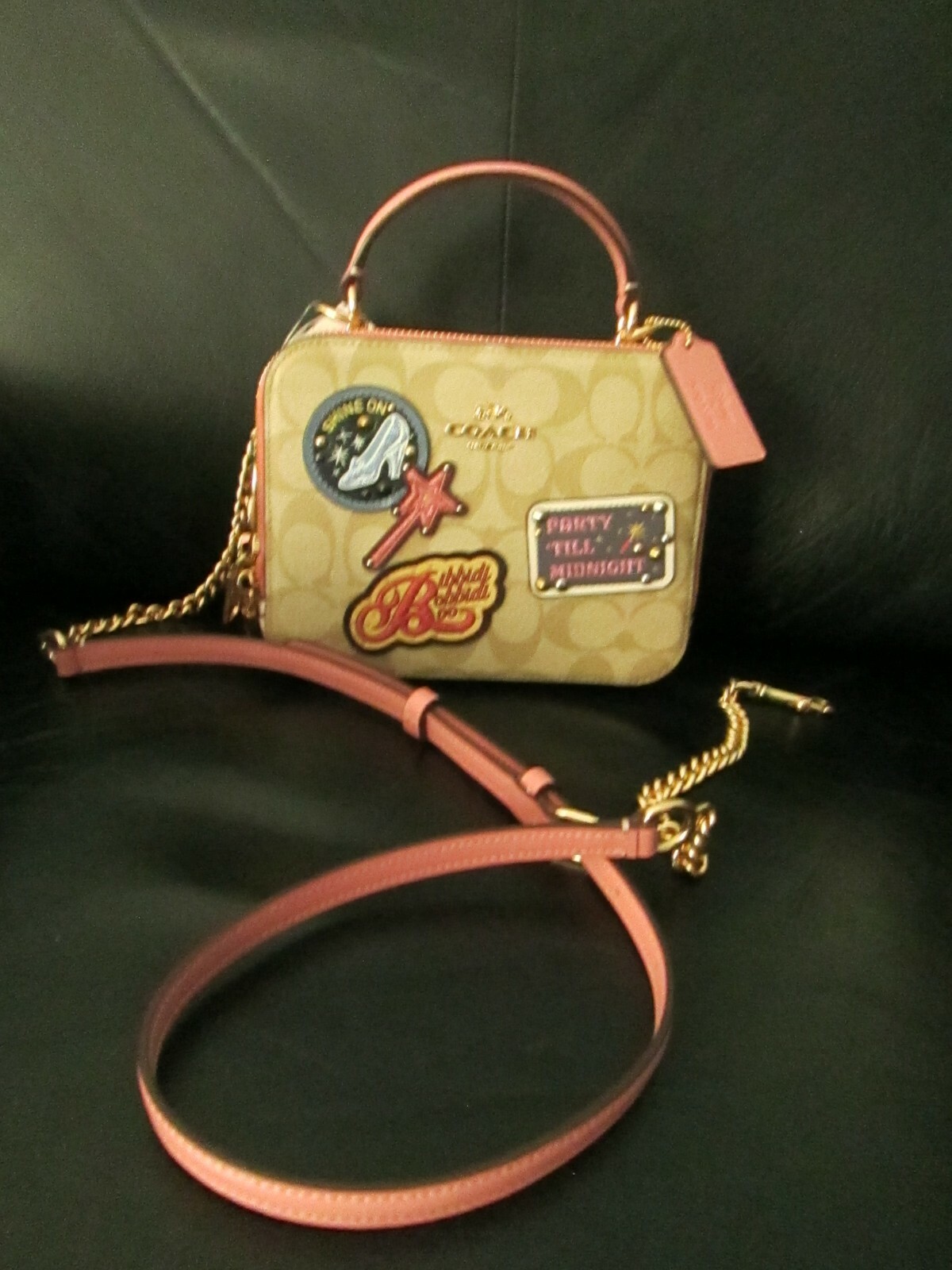 Rare Disney X  Coach Box Crossbody Purse Bag Cinderella Canvas Pink Patches