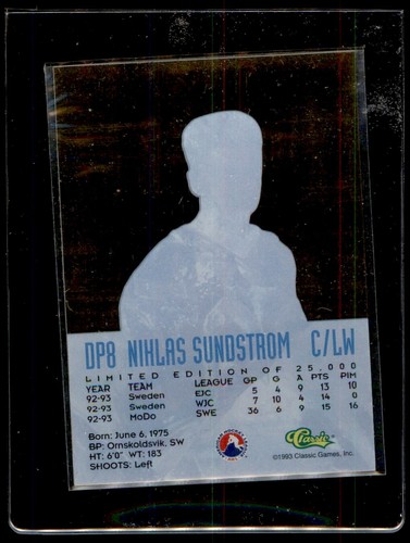 1993-94 CLASSIC HOCKEY TOP 10 NIKLAS SUNDSTROM NEW YORK RANGERS #8 - Picture 2 of 2