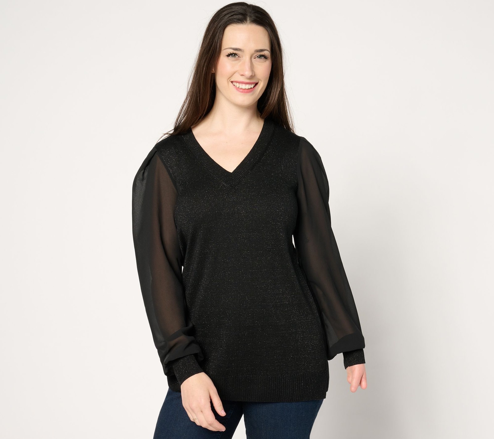Belle by Kim Gravel Women's Top Sweater Sz S Lurex V Neck with Black A670928