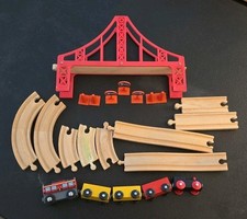 Brio/Thomas 9 Wooden Train Track Pieces Bridge, 5 Trains, Signs Used Unbranded