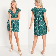 Old Navy Flutter Sleeve Floral Mini Swing Dress V-Neck Pockets Size XXL Green
