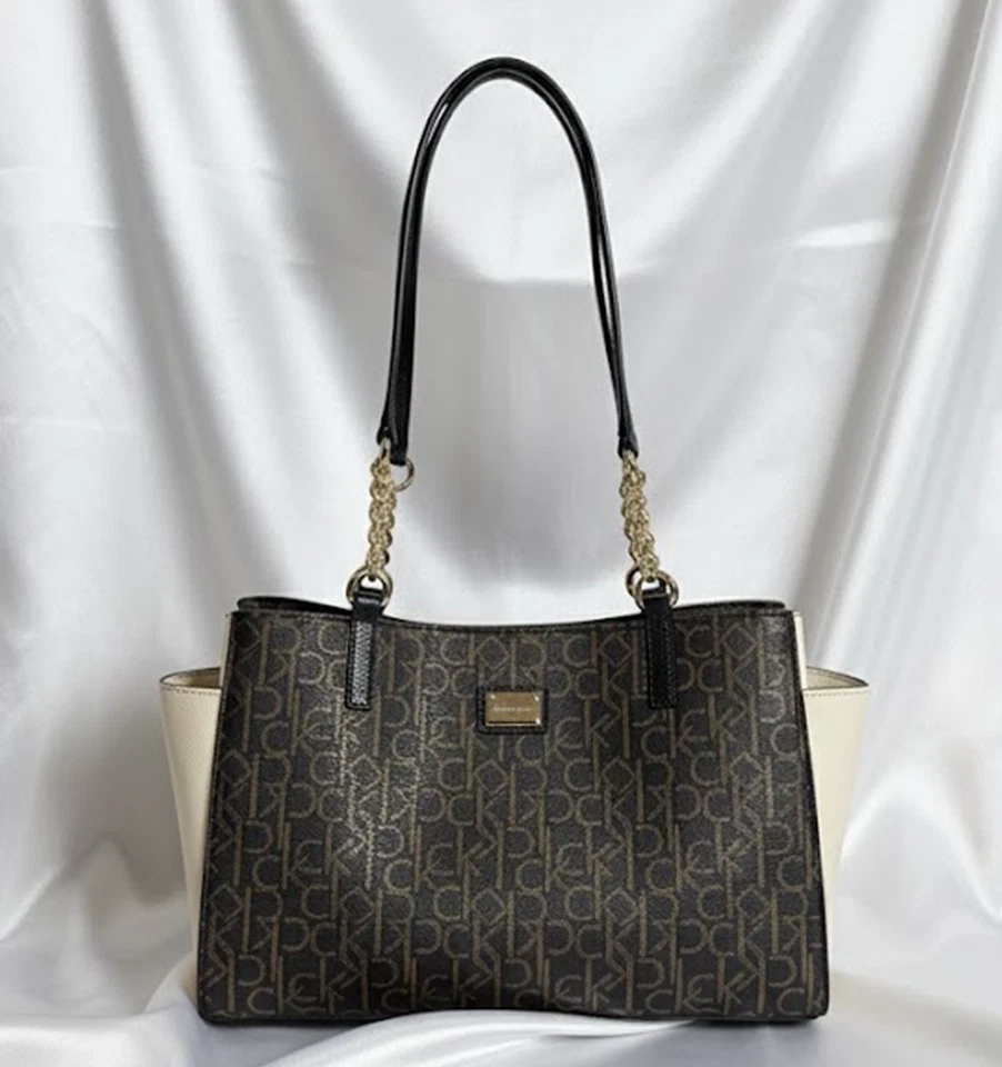 Calvin Klein Tote Bag Monogram Brown With Beige sides & Gold Chain Purse New - Image 2 of 4