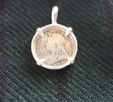 Antique Queen Victoria (1898) Silver  Three Pence Coin, bezel set necklace