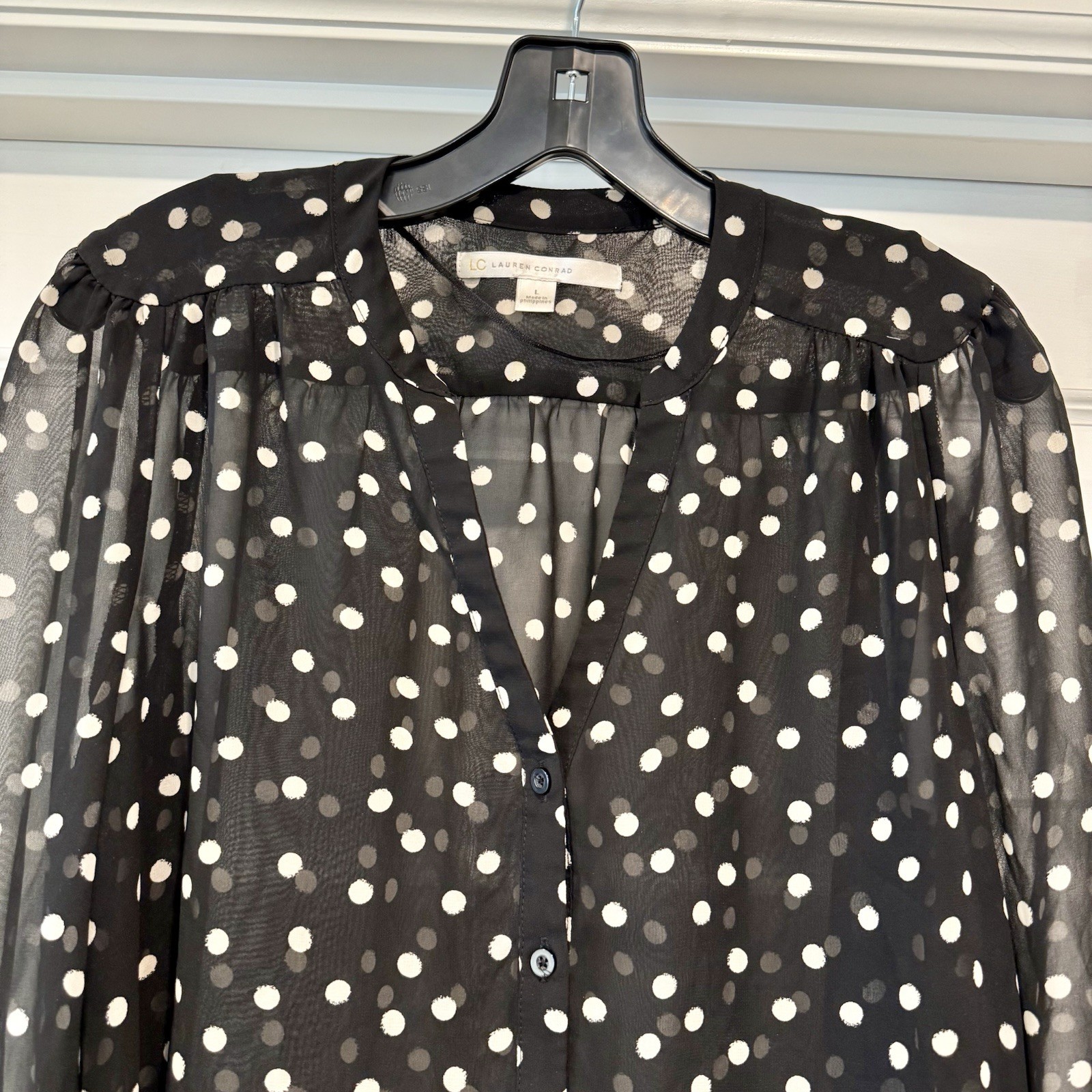 LC Lauren Conrad Women’s Size L  Blouse Top Sheer Black Polka Dots Career