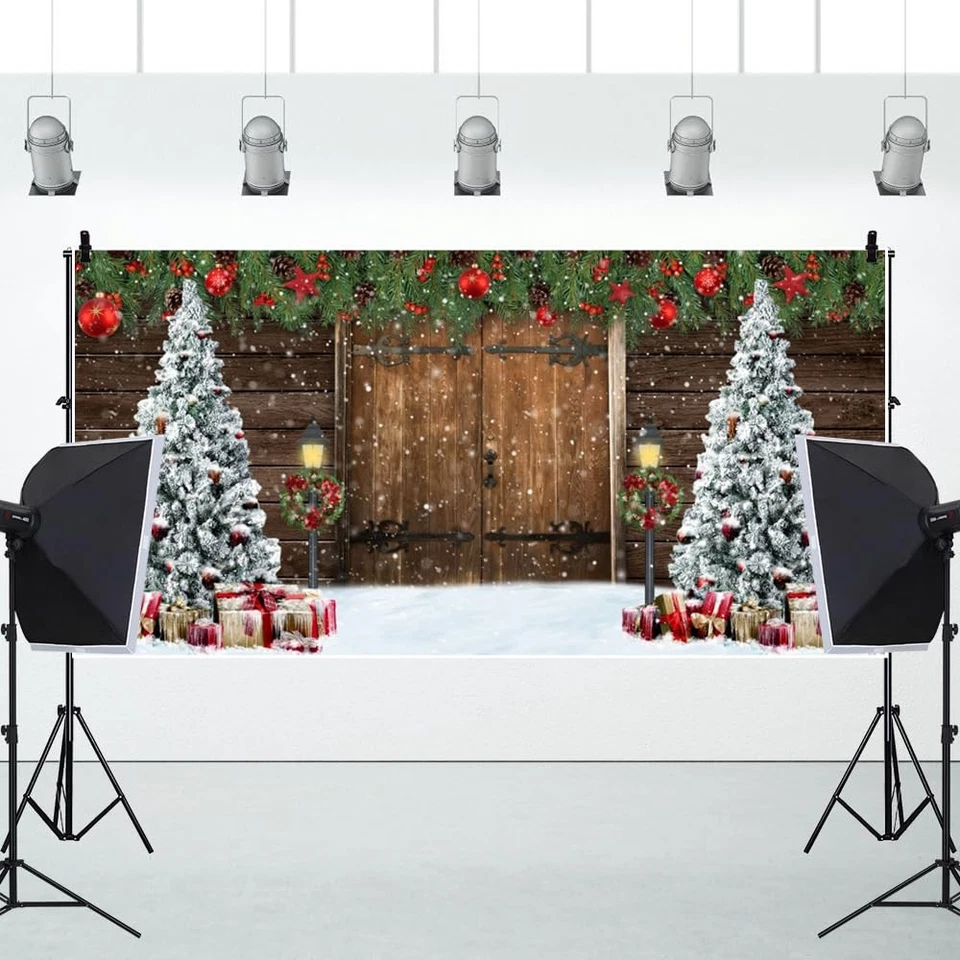 Telón de fondo de fotografía de Navidad de 20x10 pies rústico puerta de madera de granero regalos de árbol de Navidad... Foto 4 de 4