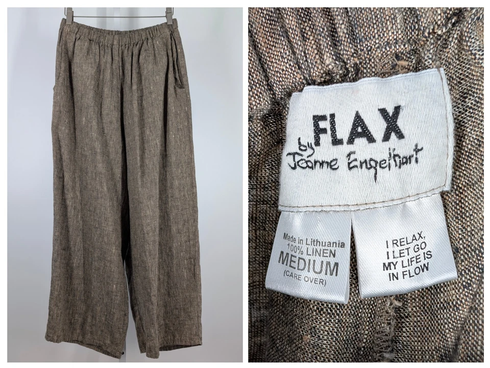 Flax By Jean Engelhart Vintage Brown Raw Linen Waist Wide Leg Trouser Pants Boho