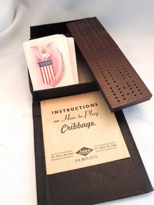 Vtg Cribbage Game Travel Set ES Lowe Cards Folding Board Pegs Cards Instructions